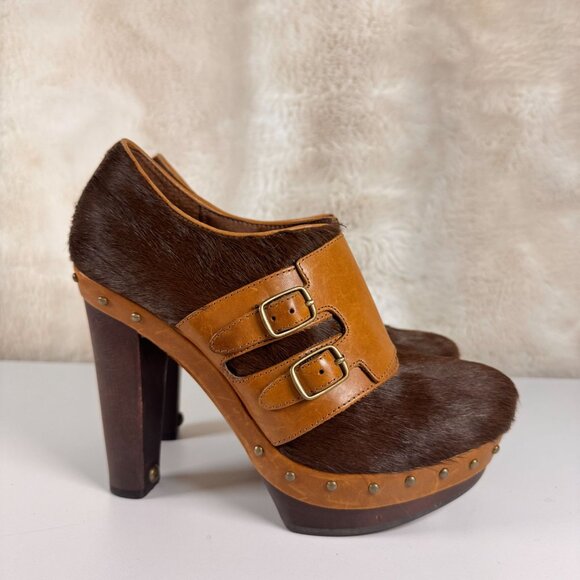 UGG Brown Haircalf & Leather HEELS Clogs With Double Buckle & Studs 7.5 - Picture 5 of 10